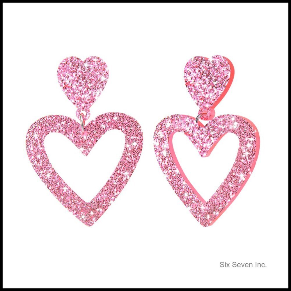 Acrylic Double Heart Dangle Earrings Glitter Drop Elegant Valentine Gift